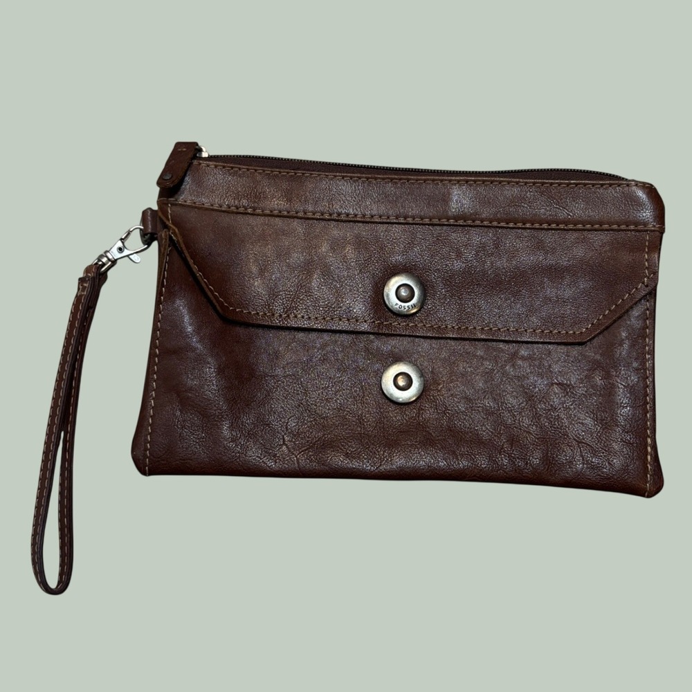 Fossil Womens Wristlet Clutch Brown Leather ML1987 Snap Front Pocket Zip Boho